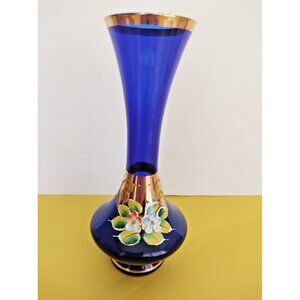 Vintage Bohemian Glass Cobalt Vase, Czech, Gold accent - Hand Painted 7"